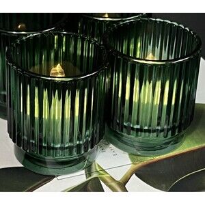 Ribbed Glass Votive Candle Holder Set of 2 Emerald Green Round Home Decor